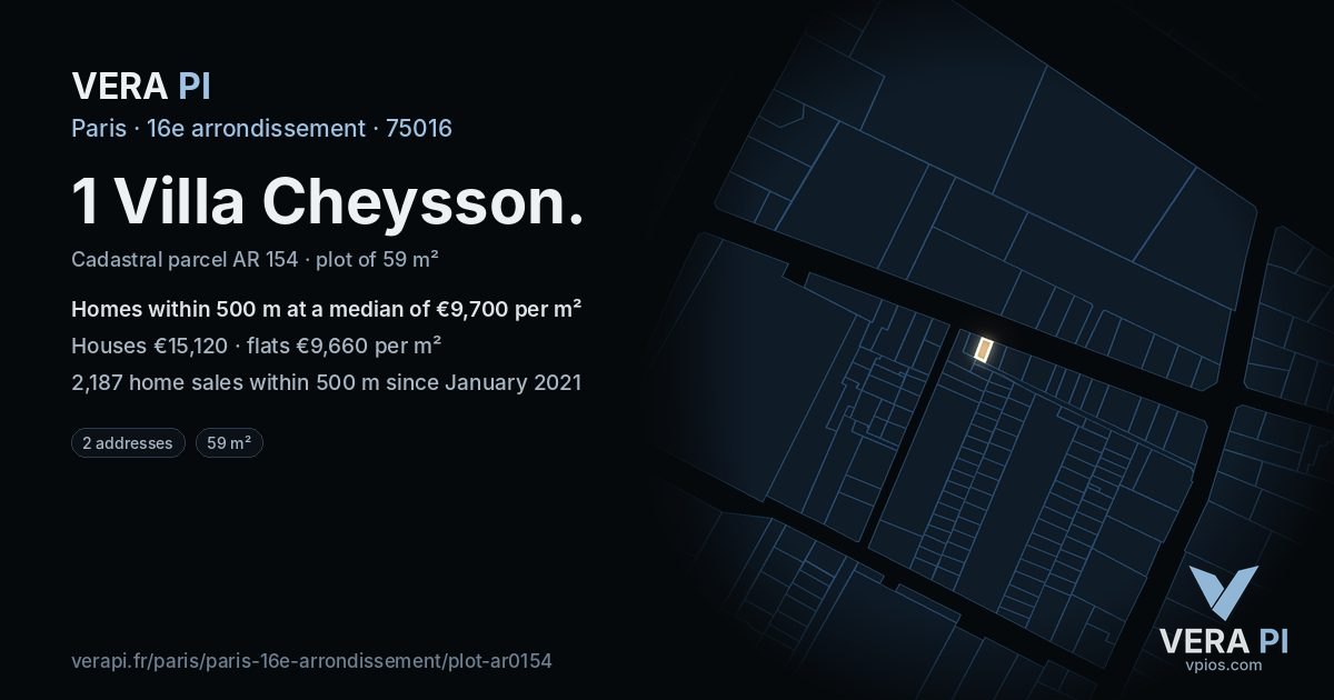 1 Villa Cheysson, 16e arrondissement at night – the plot lit, the parcels around coloured by the prices near them