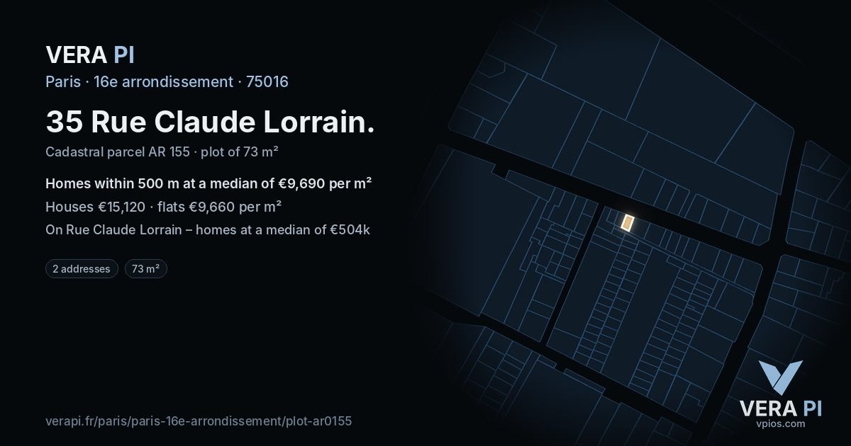35 Rue Claude Lorrain, 16e arrondissement at night – the plot lit, the parcels around coloured by the prices near them