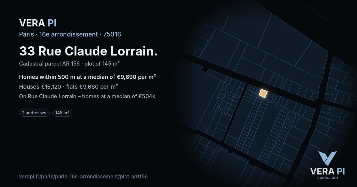 33 Rue Claude Lorrain, 16e arrondissement at night – the plot lit, the parcels around coloured by the prices near them