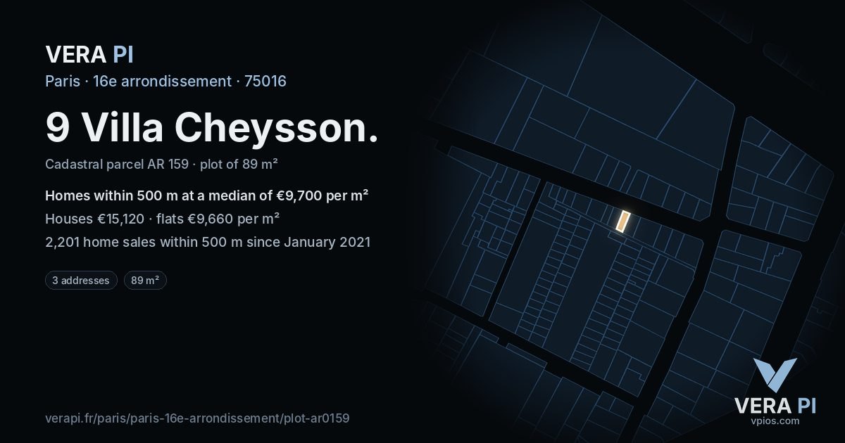 9 Villa Cheysson, 16e arrondissement at night – the plot lit, the parcels around coloured by the prices near them