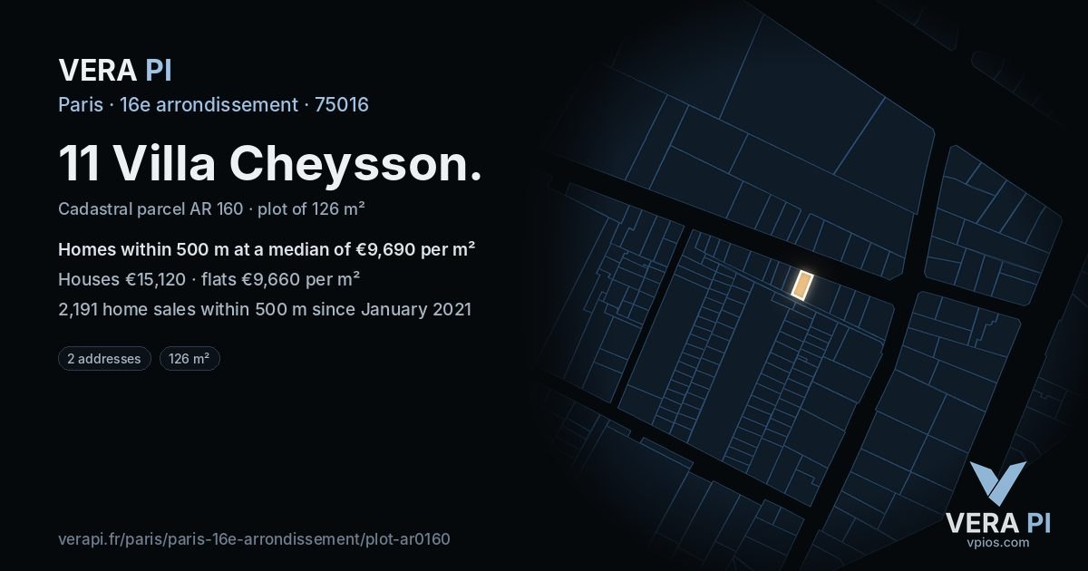 11 Villa Cheysson, 16e arrondissement at night – the plot lit, the parcels around coloured by the prices near them