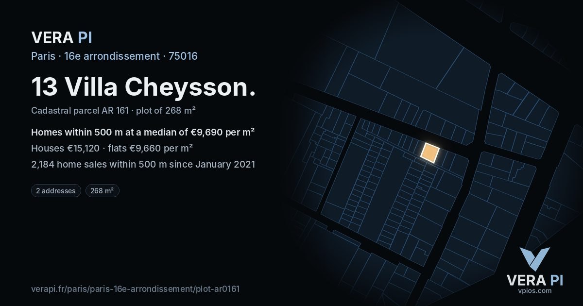 13 Villa Cheysson, 16e arrondissement at night – the plot lit, the parcels around coloured by the prices near them
