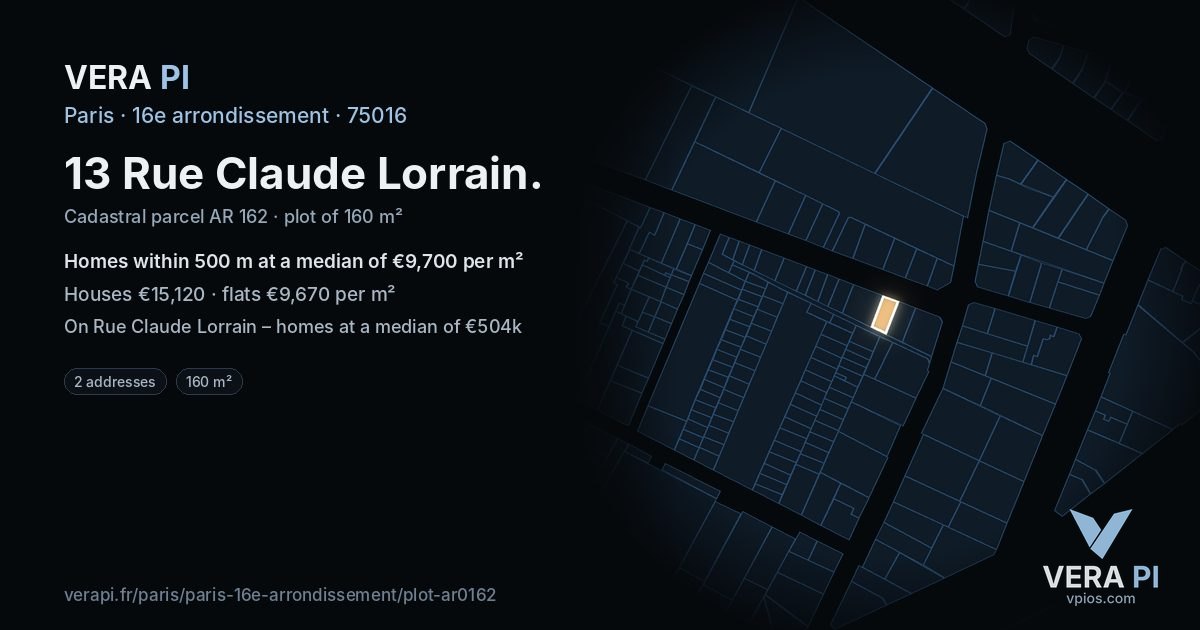 13 Rue Claude Lorrain, 16e arrondissement at night – the plot lit, the parcels around coloured by the prices near them