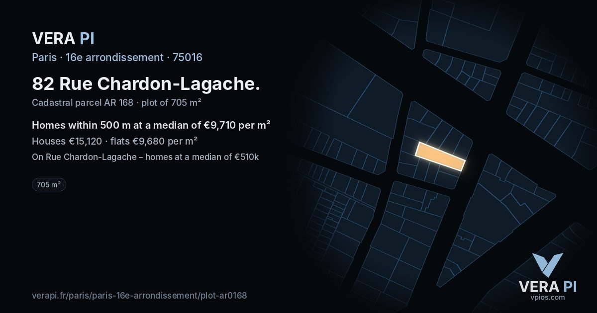 82 Rue Chardon-Lagache, 16e arrondissement at night – the plot lit, the parcels around coloured by the prices near them
