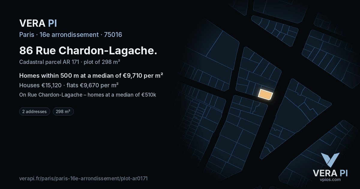 86 Rue Chardon-Lagache, 16e arrondissement at night – the plot lit, the parcels around coloured by the prices near them