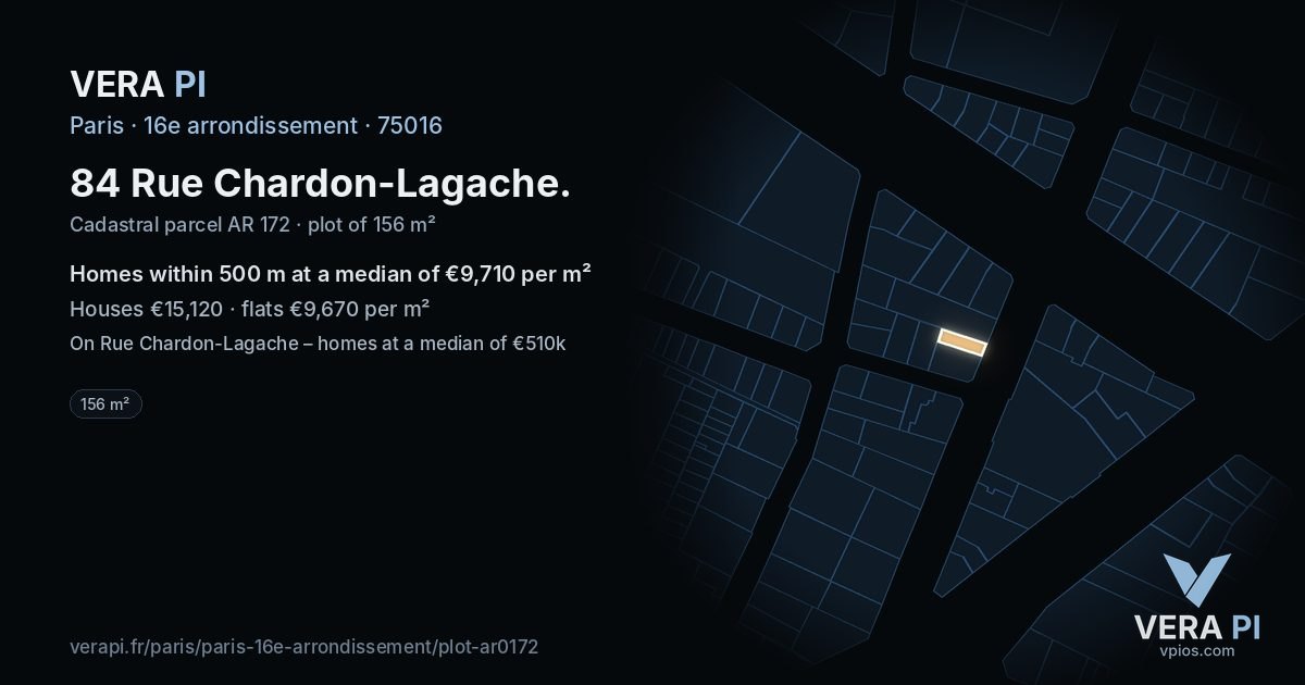 84 Rue Chardon-Lagache, 16e arrondissement at night – the plot lit, the parcels around coloured by the prices near them