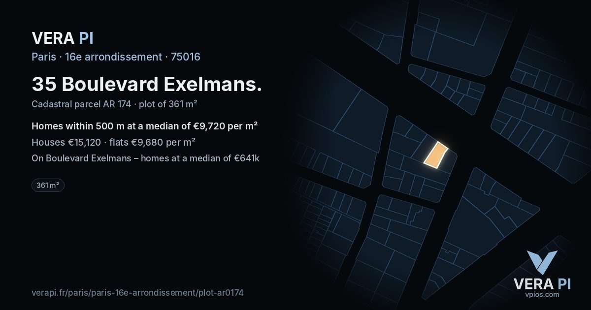 35 Boulevard Exelmans, 16e arrondissement at night – the plot lit, the parcels around coloured by the prices near them
