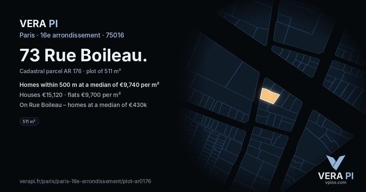 73 Rue Boileau, 16e arrondissement at night – the plot lit, the parcels around coloured by the prices near them