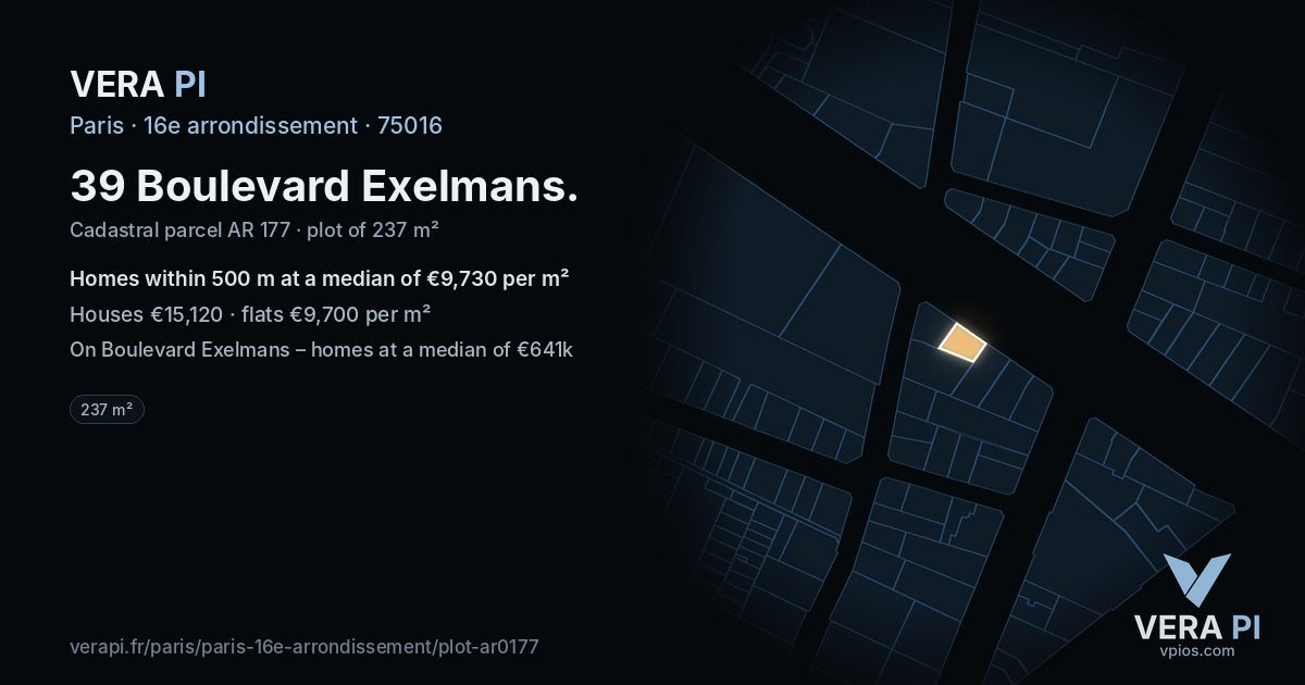 39 Boulevard Exelmans, 16e arrondissement at night – the plot lit, the parcels around coloured by the prices near them