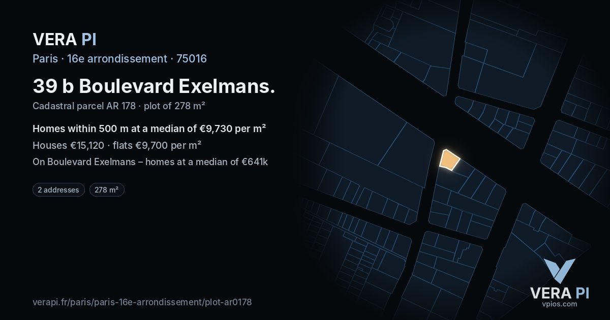 39 b Boulevard Exelmans, 16e arrondissement at night – the plot lit, the parcels around coloured by the prices near them