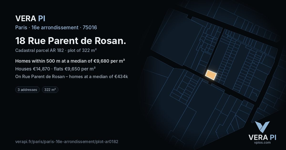 18 Rue Parent de Rosan, 16e arrondissement at night – the plot lit, the parcels around coloured by the prices near them