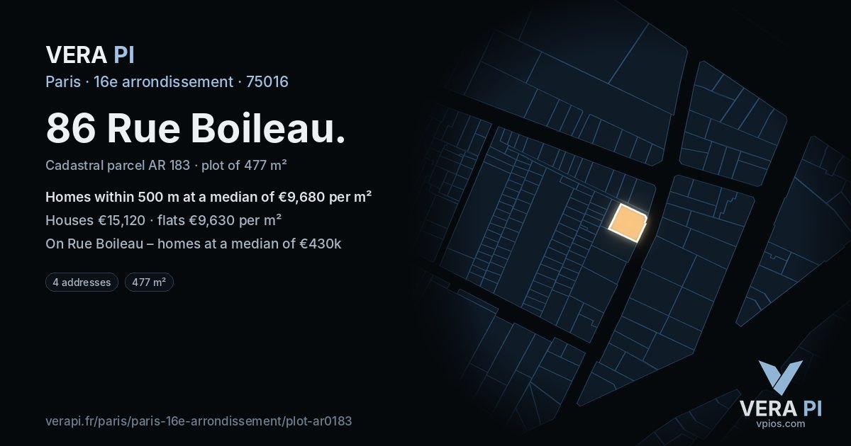 86 Rue Boileau, 16e arrondissement at night – the plot lit, the parcels around coloured by the prices near them