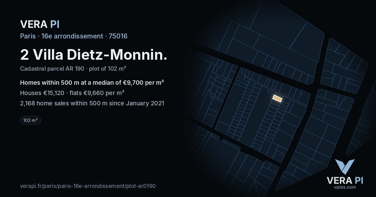 2 Villa Dietz-Monnin, 16e arrondissement at night – the plot lit, the parcels around coloured by the prices near them