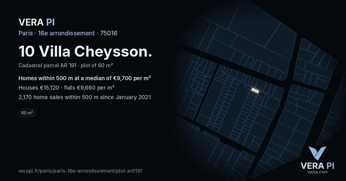 10 Villa Cheysson, 16e arrondissement at night – the plot lit, the parcels around coloured by the prices near them