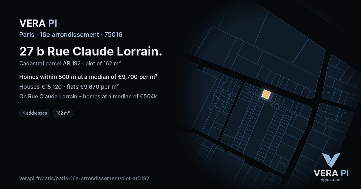 27 b Rue Claude Lorrain, 16e arrondissement at night – the plot lit, the parcels around coloured by the prices near them