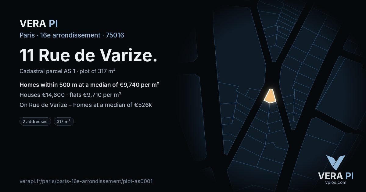 11 Rue de Varize, 16e arrondissement at night – the plot lit, the parcels around coloured by the prices near them