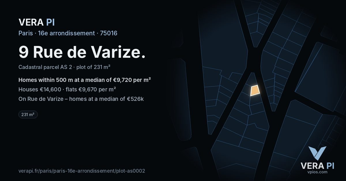9 Rue de Varize, 16e arrondissement at night – the plot lit, the parcels around coloured by the prices near them