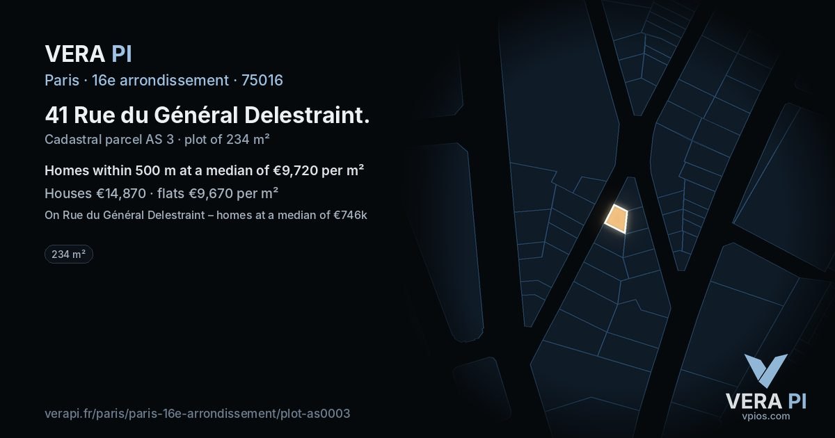41 Rue du Général Delestraint, 16e arrondissement at night – the plot lit, the parcels around coloured by the prices near them