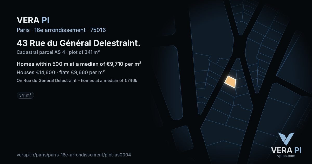 43 Rue du Général Delestraint, 16e arrondissement at night – the plot lit, the parcels around coloured by the prices near them