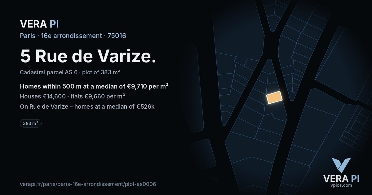 5 Rue de Varize, 16e arrondissement at night – the plot lit, the parcels around coloured by the prices near them