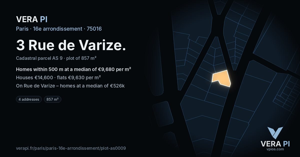 3 Rue de Varize, 16e arrondissement at night – the plot lit, the parcels around coloured by the prices near them
