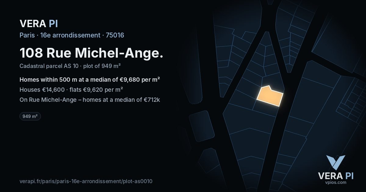 108 Rue Michel-Ange, 16e arrondissement at night – the plot lit, the parcels around coloured by the prices near them