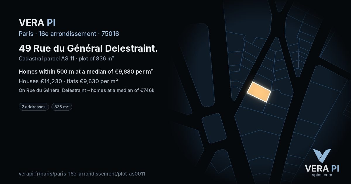 49 Rue du Général Delestraint, 16e arrondissement at night – the plot lit, the parcels around coloured by the prices near them