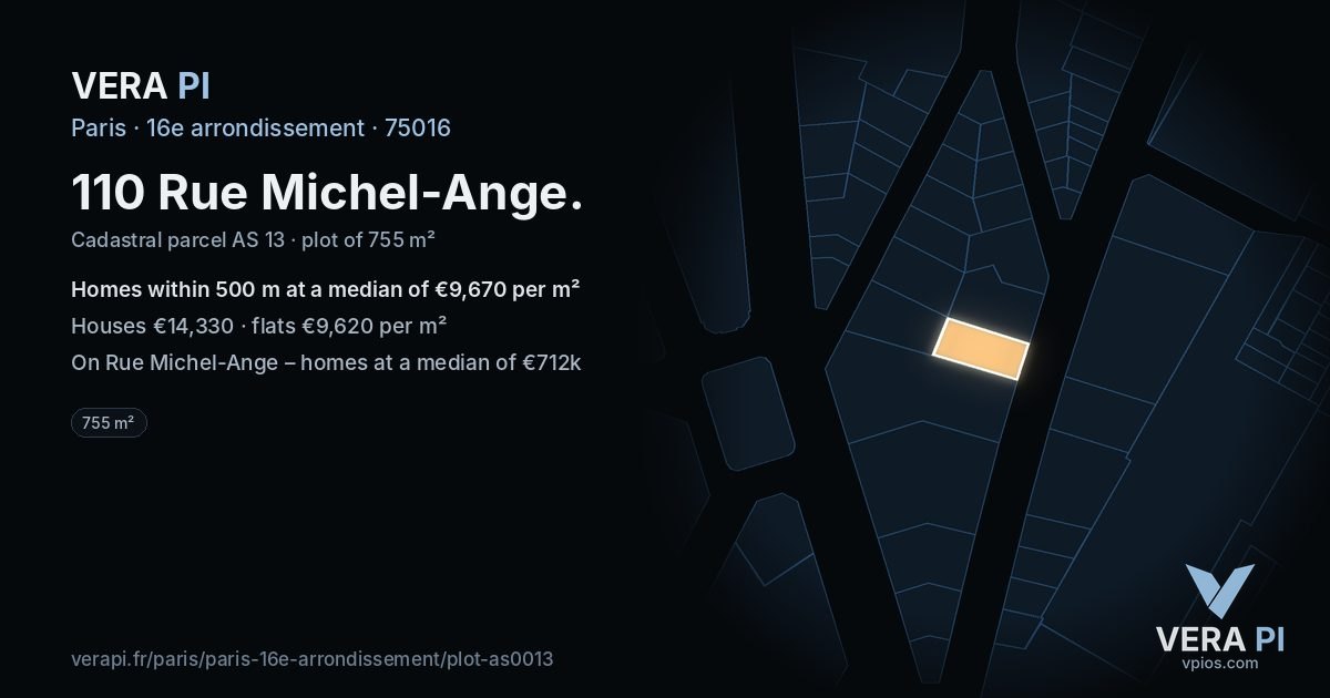 110 Rue Michel-Ange, 16e arrondissement at night – the plot lit, the parcels around coloured by the prices near them