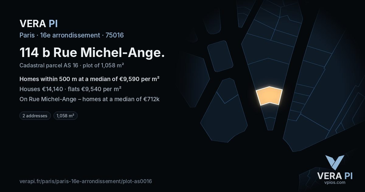 114 b Rue Michel-Ange, 16e arrondissement at night – the plot lit, the parcels around coloured by the prices near them