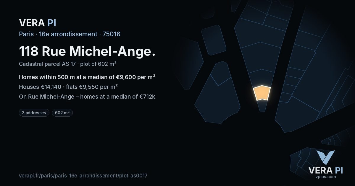 118 Rue Michel-Ange, 16e arrondissement at night – the plot lit, the parcels around coloured by the prices near them