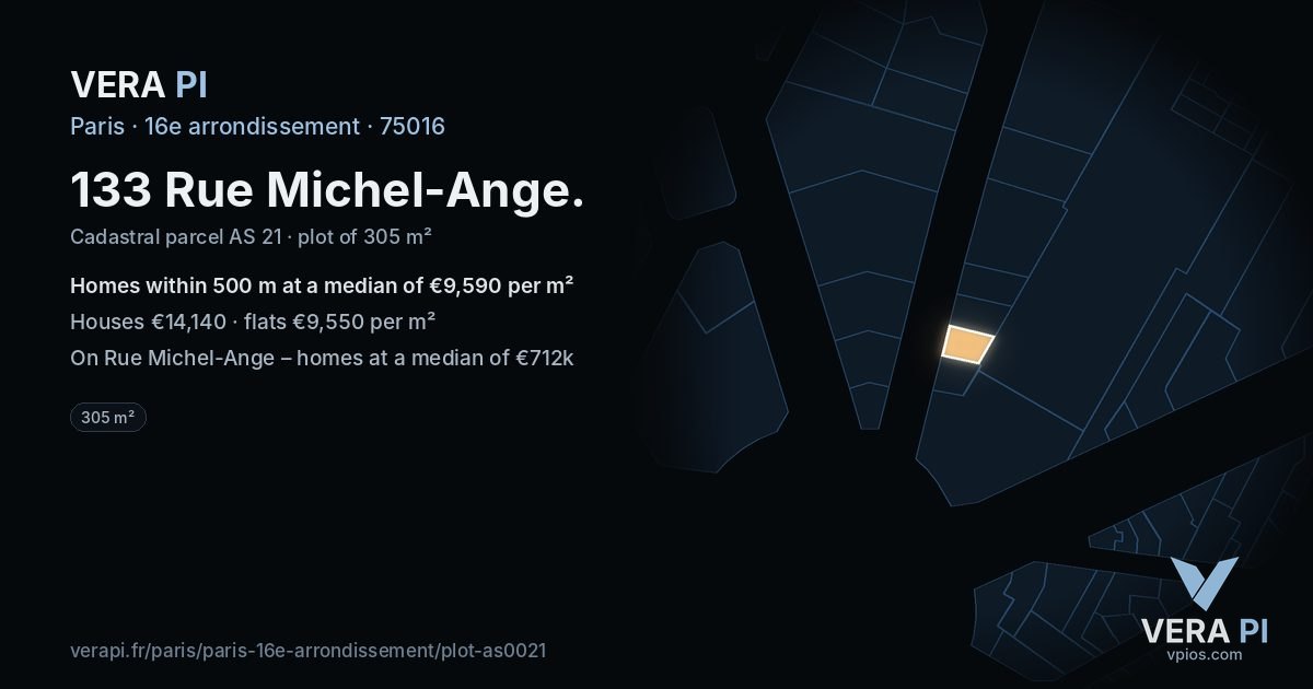 133 Rue Michel-Ange, 16e arrondissement at night – the plot lit, the parcels around coloured by the prices near them