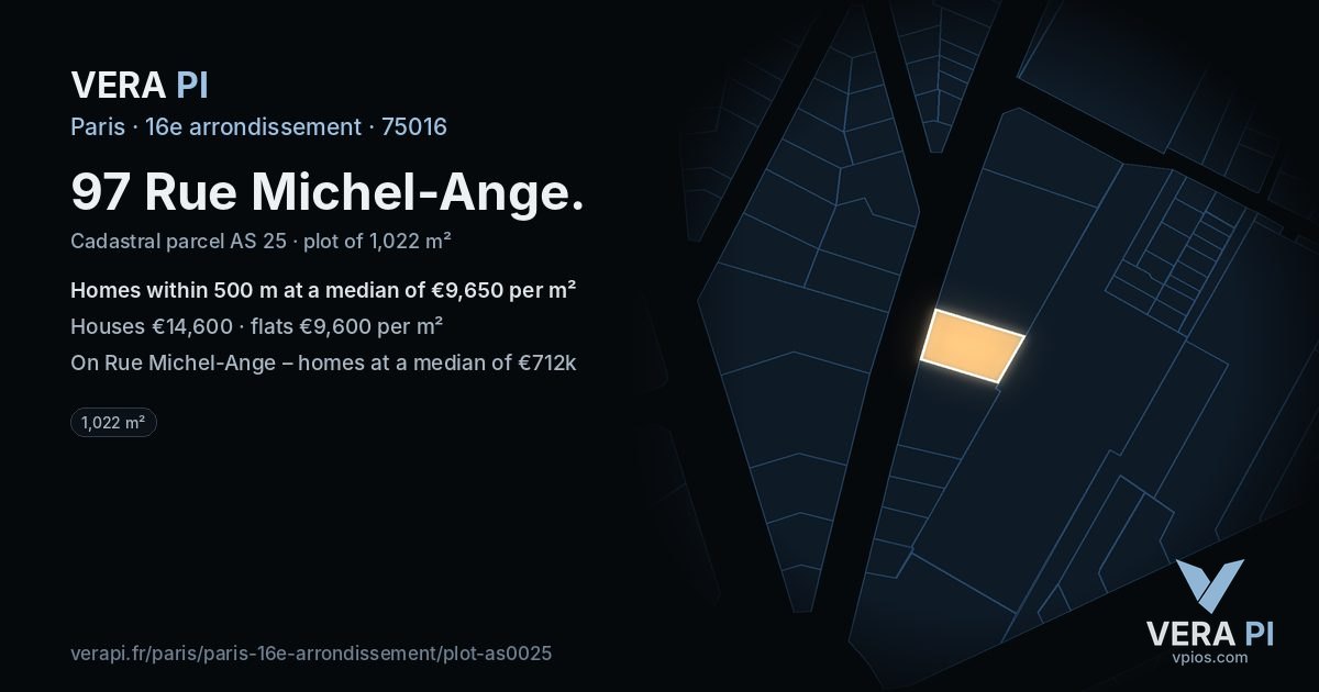 97 Rue Michel-Ange, 16e arrondissement at night – the plot lit, the parcels around coloured by the prices near them