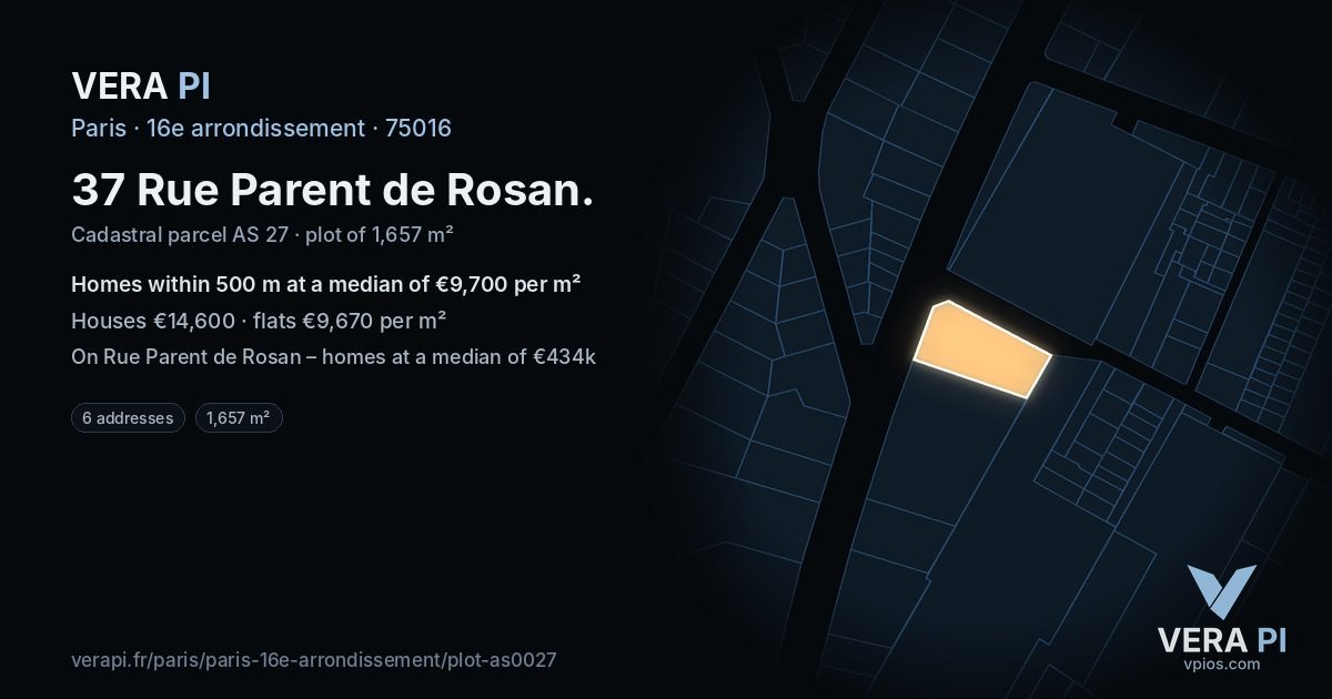 37 Rue Parent de Rosan, 16e arrondissement at night – the plot lit, the parcels around coloured by the prices near them