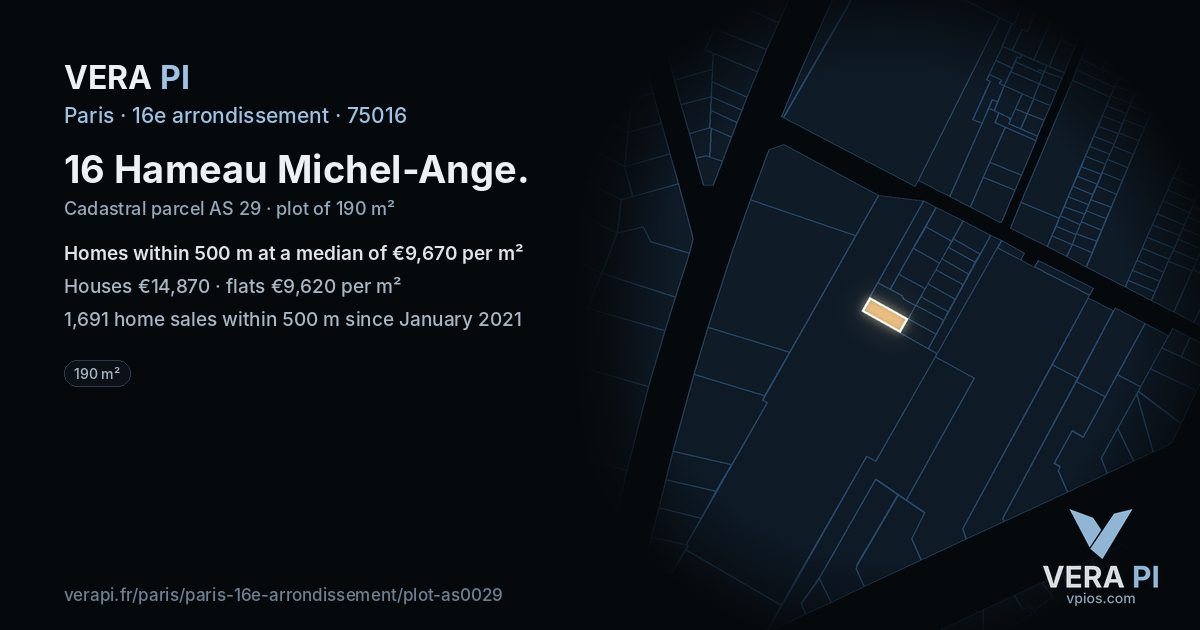 16 Hameau Michel-Ange, 16e arrondissement at night – the plot lit, the parcels around coloured by the prices near them
