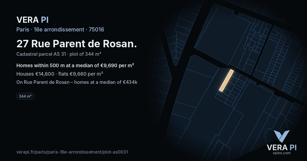 27 Rue Parent de Rosan, 16e arrondissement at night – the plot lit, the parcels around coloured by the prices near them
