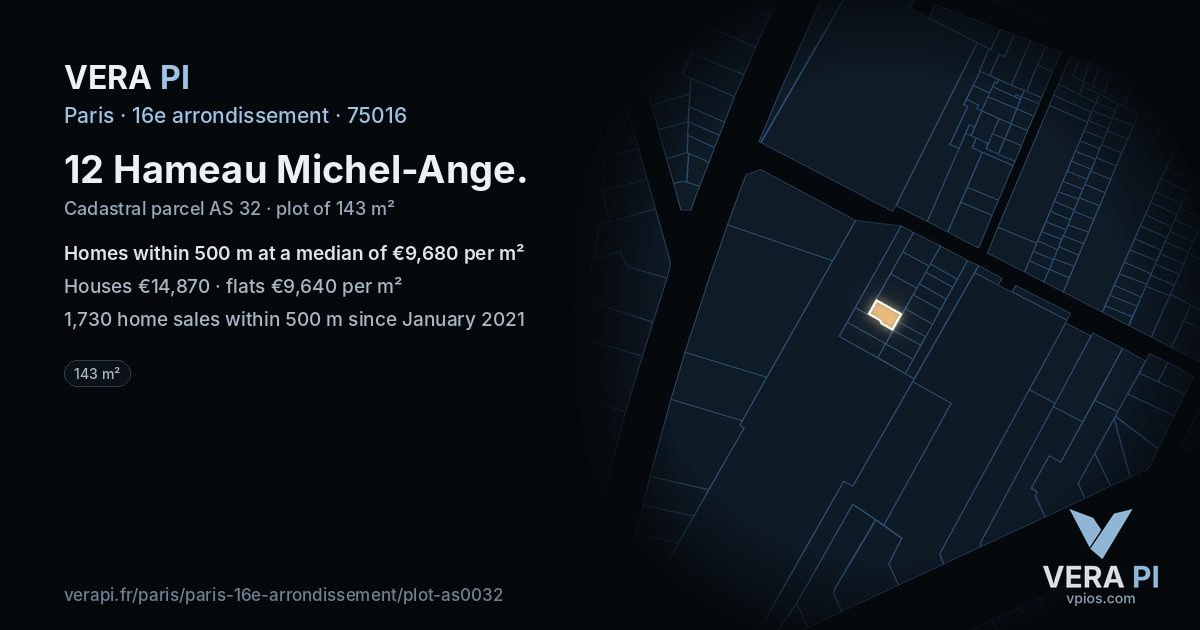 12 Hameau Michel-Ange, 16e arrondissement at night – the plot lit, the parcels around coloured by the prices near them