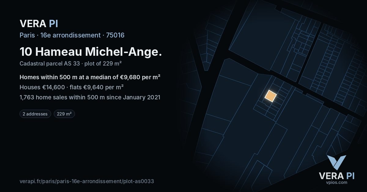10 Hameau Michel-Ange, 16e arrondissement at night – the plot lit, the parcels around coloured by the prices near them