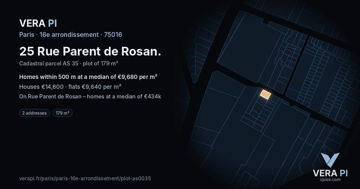25 Rue Parent de Rosan, 16e arrondissement at night – the plot lit, the parcels around coloured by the prices near them