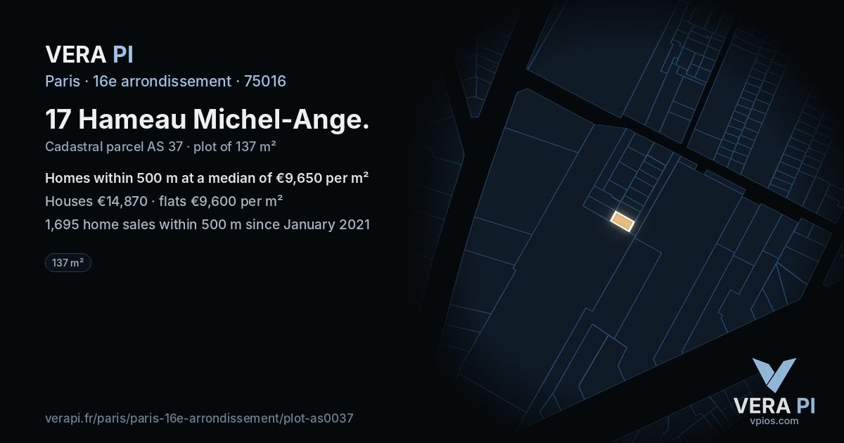 17 Hameau Michel-Ange, 16e arrondissement at night – the plot lit, the parcels around coloured by the prices near them