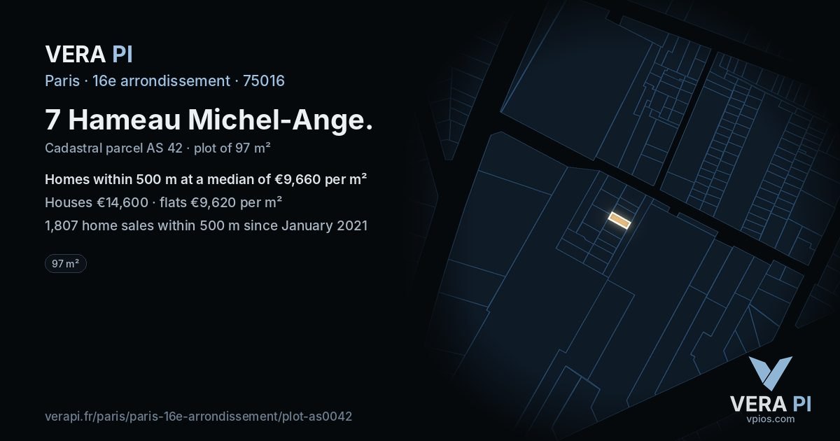 7 Hameau Michel-Ange, 16e arrondissement at night – the plot lit, the parcels around coloured by the prices near them