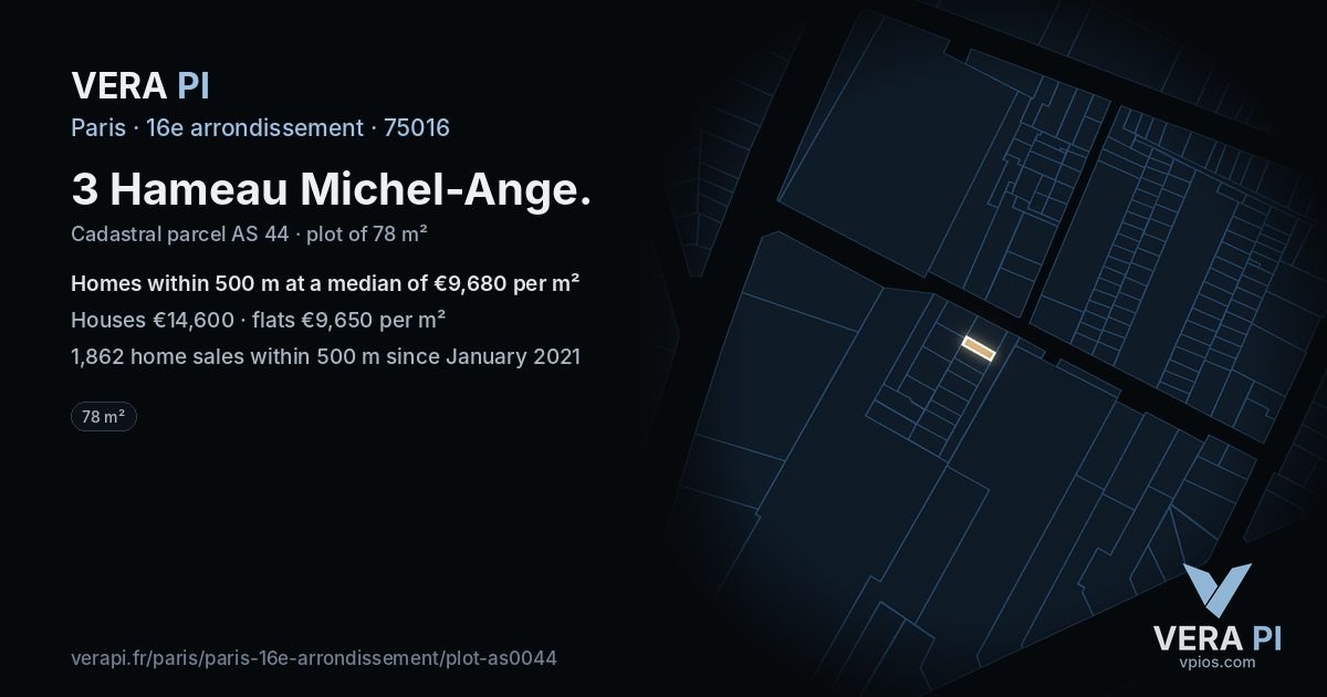 3 Hameau Michel-Ange, 16e arrondissement at night – the plot lit, the parcels around coloured by the prices near them
