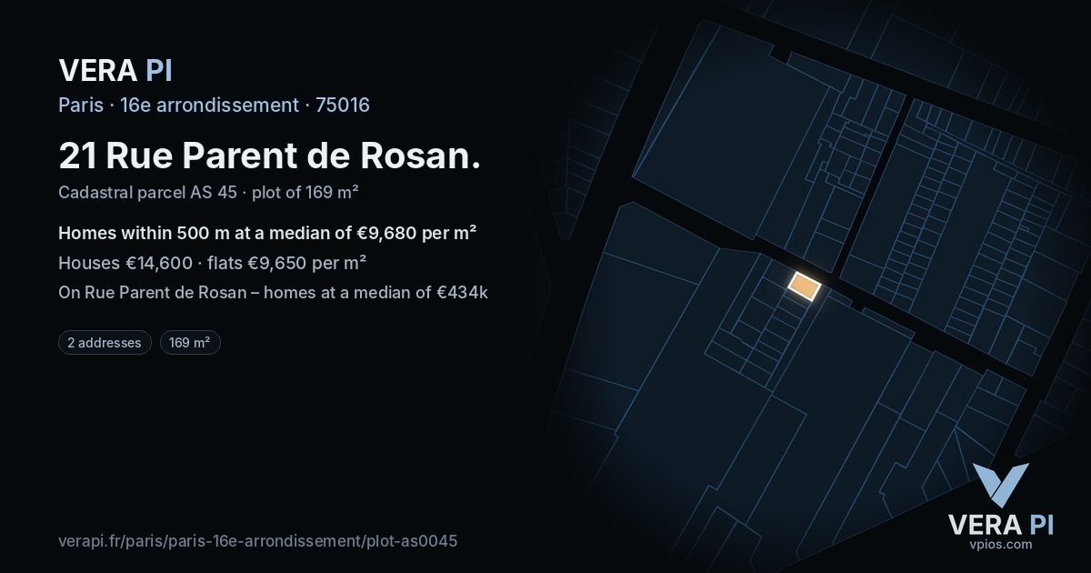 21 Rue Parent de Rosan, 16e arrondissement at night – the plot lit, the parcels around coloured by the prices near them