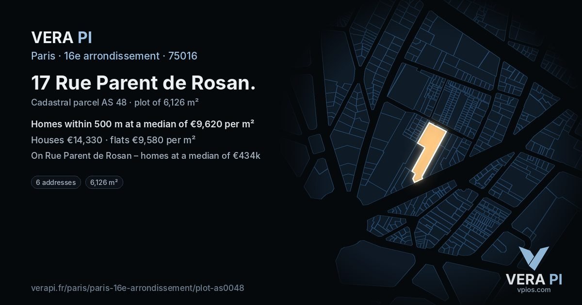 17 Rue Parent de Rosan, 16e arrondissement at night – the plot lit, the parcels around coloured by the prices near them