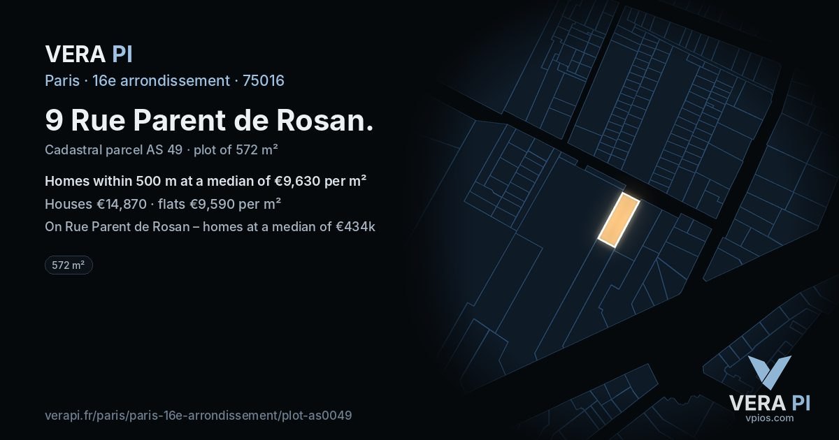 9 Rue Parent de Rosan, 16e arrondissement at night – the plot lit, the parcels around coloured by the prices near them