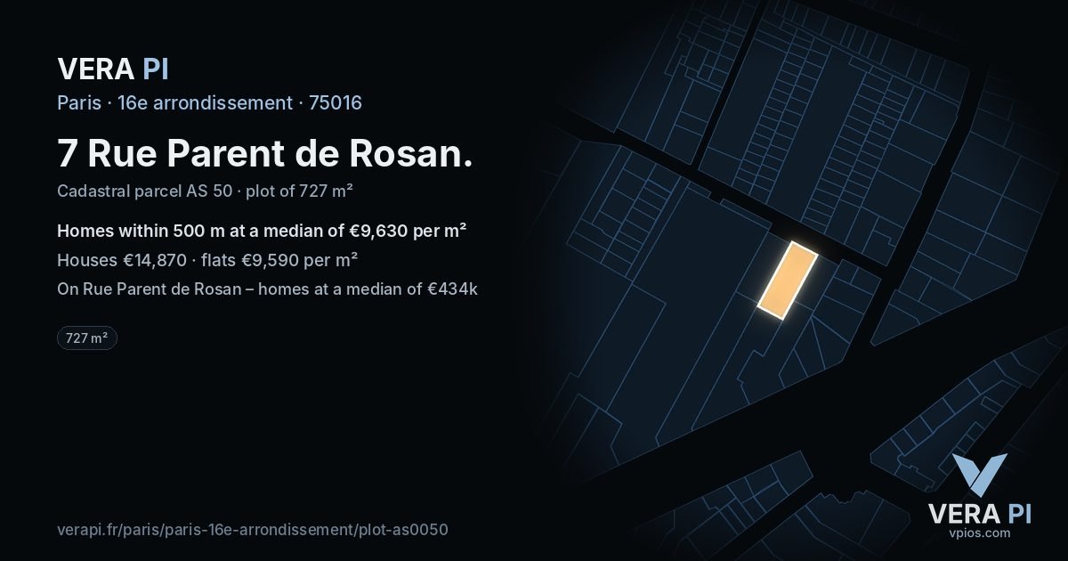 7 Rue Parent de Rosan, 16e arrondissement at night – the plot lit, the parcels around coloured by the prices near them
