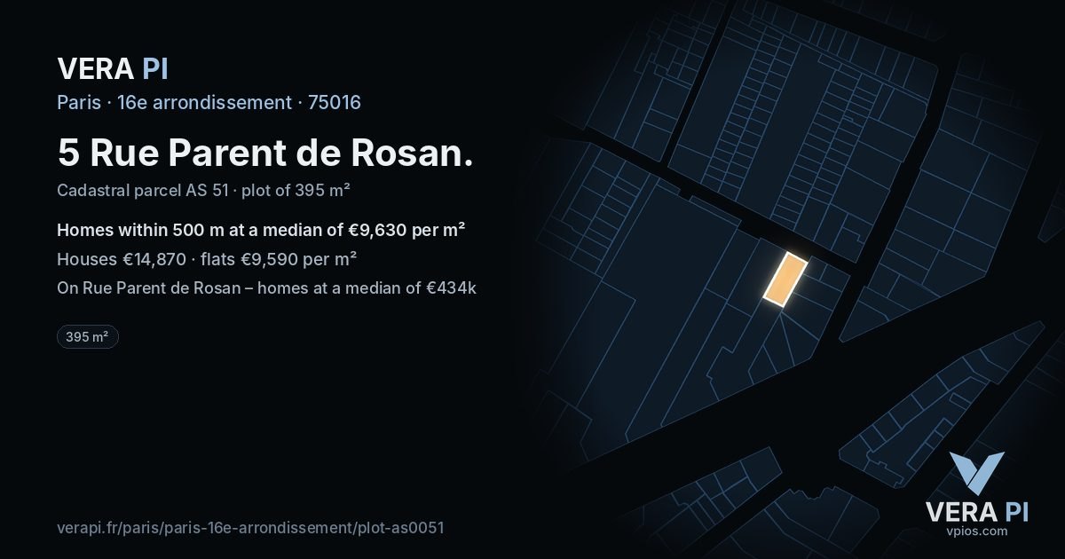 5 Rue Parent de Rosan, 16e arrondissement at night – the plot lit, the parcels around coloured by the prices near them