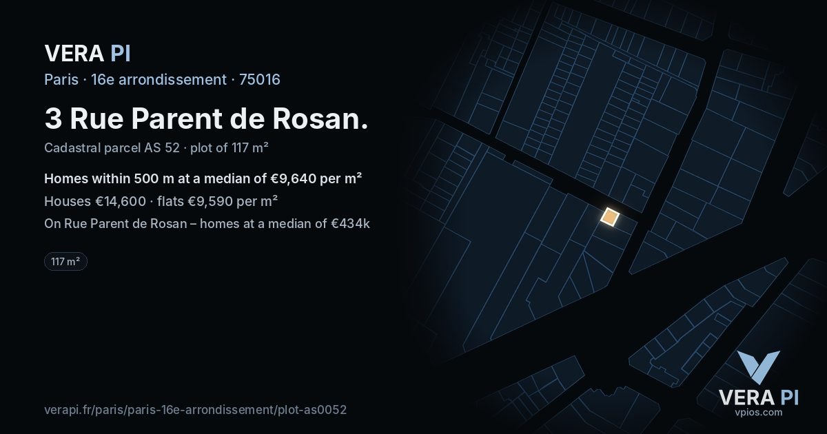 3 Rue Parent de Rosan, 16e arrondissement at night – the plot lit, the parcels around coloured by the prices near them