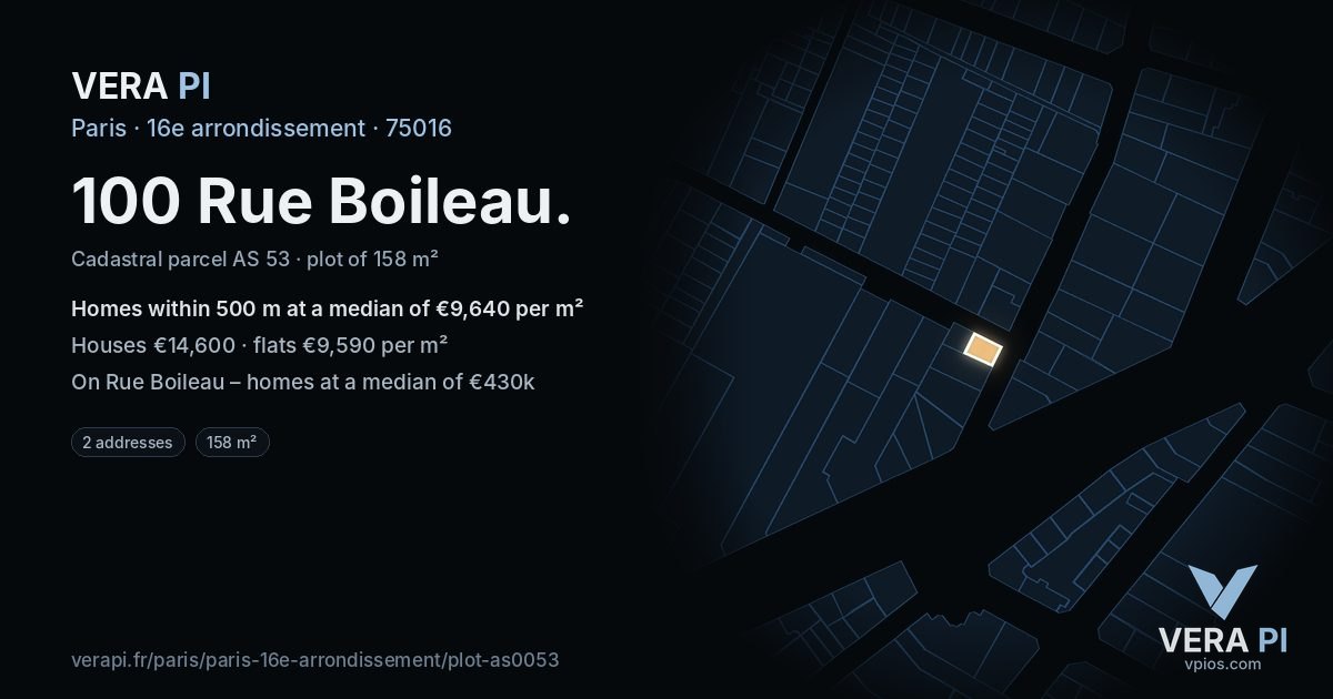 100 Rue Boileau, 16e arrondissement at night – the plot lit, the parcels around coloured by the prices near them