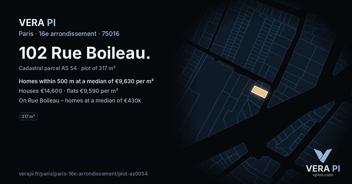 102 Rue Boileau, 16e arrondissement at night – the plot lit, the parcels around coloured by the prices near them