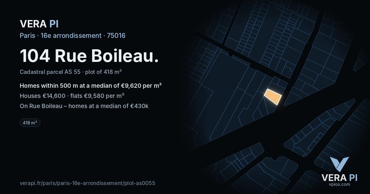 104 Rue Boileau, 16e arrondissement at night – the plot lit, the parcels around coloured by the prices near them